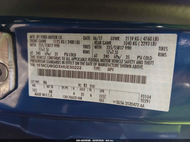 Aukcja sprzedaży 2017 Ford Escape Se, vin: 1FMCU9GDXHUE50222, numer aukcji: 45078766