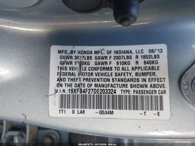 2013 Honda Civic Hybrid მანქანა იყიდება აუქციონზე, vin: 19XFB4F27DE203324, აუქციონის ნომერი: 45078772