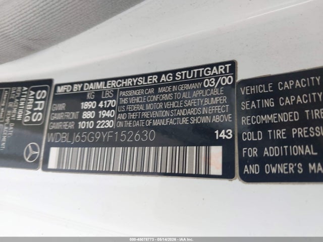 45078773 :رقم المزاد ، WDBLJ65G9YF152630 vin ، 2000 Mercedes-benz Clk 320 مزاد بيع