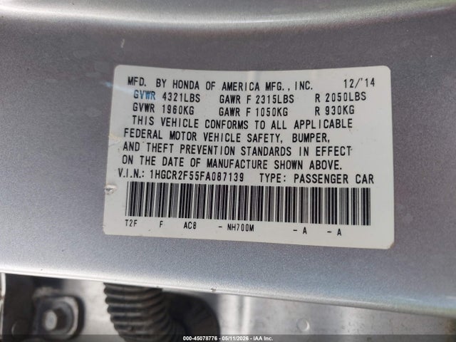 Aukcja sprzedaży 2015 Honda Accord Sport, vin: 1HGCR2F55FA087139, numer aukcji: 45078776