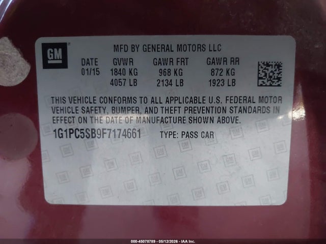 1G1PC5SB9F7174661 Chevrolet Cruze 1lt Auto