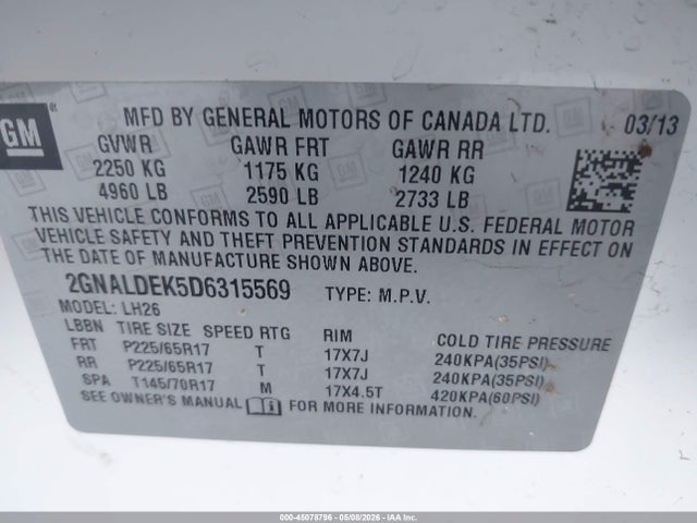 Продажа на аукционе авто 2013 Chevrolet Equinox 1lt, vin: 2GNALDEK5D6315569, номер лота: 45078796