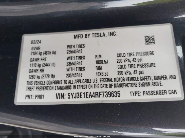 Aukcja sprzedaży 2024 Tesla Model 3 Long Range Dual Motor All-wheel Drive/rear-wheel Drive, vin: 5YJ3E1EA4RF739635, numer aukcji: 45078804