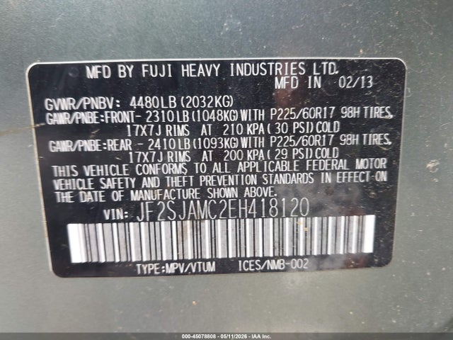 45078808 :رقم المزاد ، JF2SJAMC2EH418120 vin ، 2014 Subaru Forester 2.5i Touring مزاد بيع