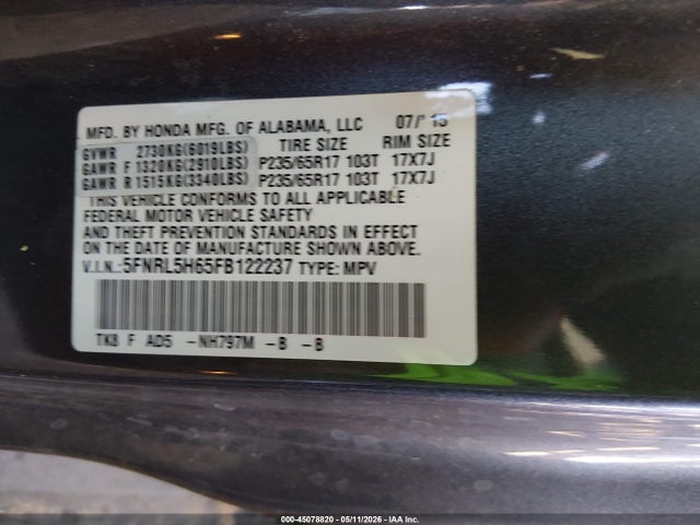 2015 Honda Odyssey Ex-l მანქანა იყიდება აუქციონზე, vin: 5FNRL5H65FB122237, აუქციონის ნომერი: 45078820