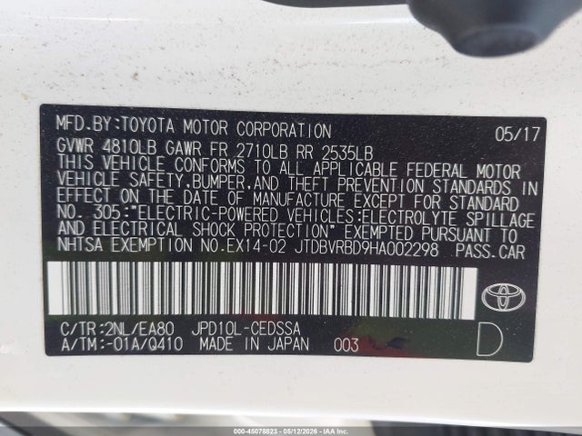 Продажа на аукционе авто 2017 Toyota Mirai, vin: JTDBVRBD9HA002298, номер лота: 45078823