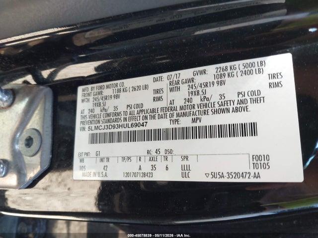 Продажа на аукционе авто 2017 Lincoln Mkc Reserve, vin: 5LMCJ3D93HUL69047, номер лота: 45078839