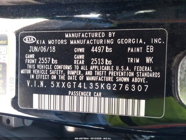 45078844 :رقم المزاد ، 5XXGT4L35KG276307 vin ، 2019 Kia Optima Lx مزاد بيع