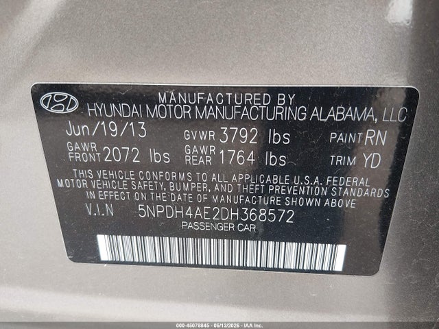 Aukcja sprzedaży 2013 Hyundai Elantra Gls, vin: 5NPDH4AE2DH368572, numer aukcji: 45078845