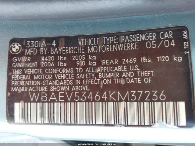 Aukcja sprzedaży 2004 Bmw 330i, vin: WBAEV53464KM37236, numer aukcji: 45078853