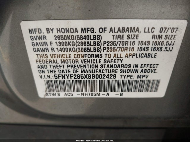 45078854 :رقم المزاد ، 5FNYF285X8B002428 vin ، 2008 Honda Pilot Ex-l مزاد بيع