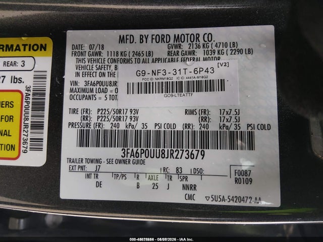 3FA6P0UU8JR273679 Ford Fusion Hybrid S