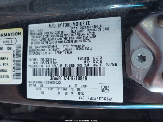 45078868 :رقم المزاد ، 3FA6P0H74FR210848 vin ، 2015 Ford Fusion Se مزاد بيع