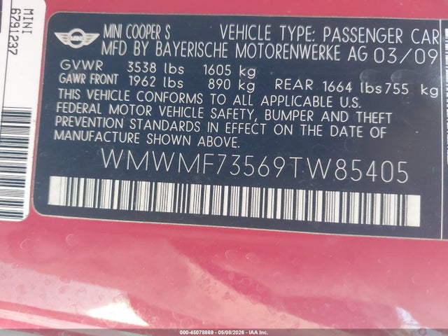 2009 Mini Cooper S მანქანა იყიდება აუქციონზე, vin: WMWMF73569TW85405, აუქციონის ნომერი: 45078869
