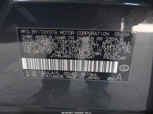 Продаж на аукціоні авто 2009 Lexus Es 350, vin: JTHBJ46G192327041, номер лоту: 45078872