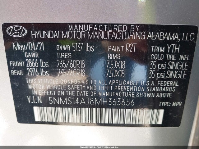 5NMS14AJ8MH363656 Hyundai Santa Fe Se