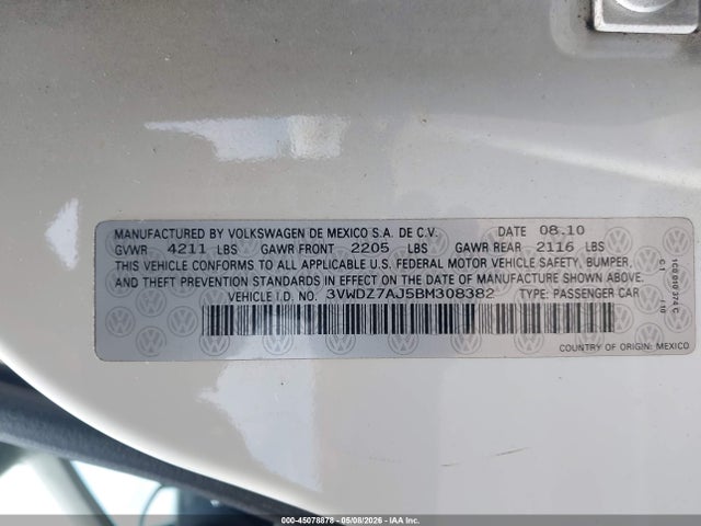 Продажа на аукционе авто 2011 Volkswagen Jetta 2.5l Se, vin: 3VWDZ7AJ5BM308382, номер лота: 45078878