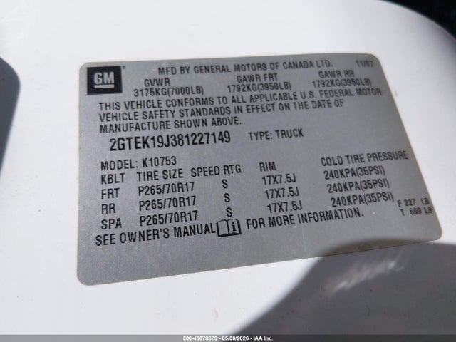 2008 Gmc Sierra 1500 Sle1 მანქანა იყიდება აუქციონზე, vin: 2GTEK19J381227149, აუქციონის ნომერი: 45078879