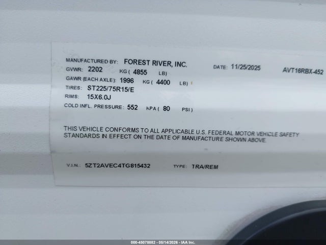 Продажа на аукционе авто 2026 Avenger Travel Trailer, vin: 5ZT2AVEC4TG815432, номер лота: 45078882