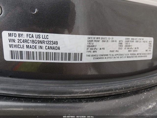 Продаж на аукціоні авто 2022 Chrysler Pacifica Touring L, vin: 2C4RC1BG9NR122349, номер лоту: 45078883