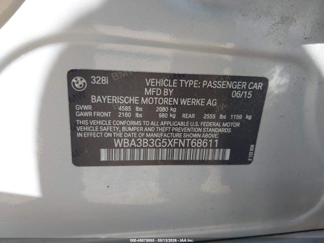 45078885 :رقم المزاد ، WBA3B3G5XFNT68611 vin ، 2015 Bmw 328i Xdrive مزاد بيع