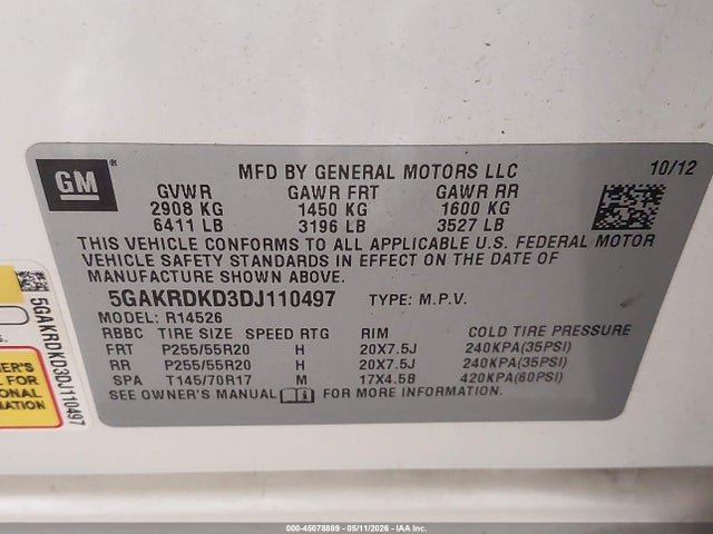 45078889 :رقم المزاد ، 5GAKRDKD3DJ110497 vin ، 2013 Buick Enclave Premium مزاد بيع