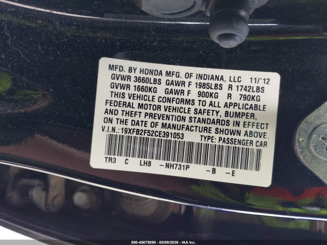 Aukcja sprzedaży 2012 Honda Civic Lx, vin: 19XFB2F52CE391053, numer aukcji: 45078890