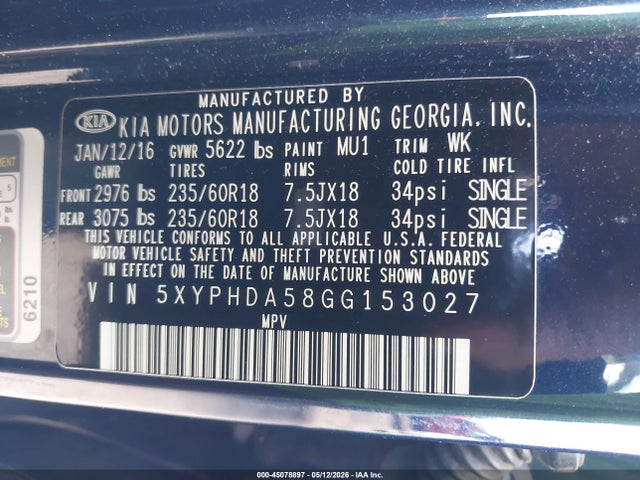 5XYPHDA58GG153027 KIA Sorento 3.3l Ex