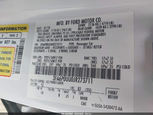 3FA6P0UU0JR273711 Ford Fusion Hybrid S