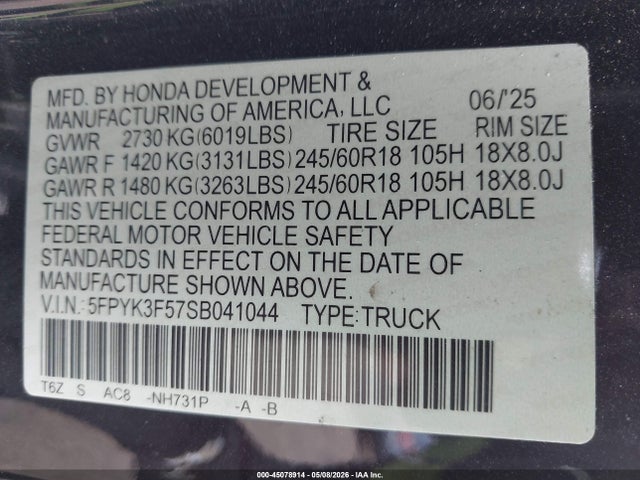 Продажа на аукционе авто 2025 Honda Ridgeline Rtl, vin: 5FPYK3F57SB041044, номер лота: 45078914