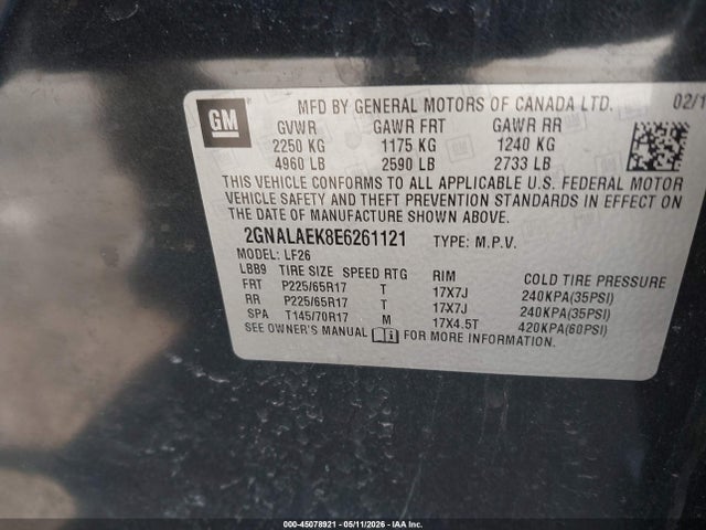 2014 Chevrolet Equinox Ls მანქანა იყიდება აუქციონზე, vin: 2GNALAEK8E6261121, აუქციონის ნომერი: 45078921