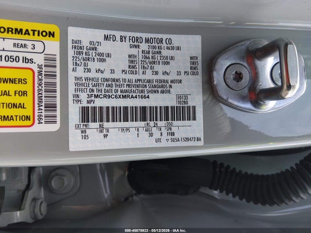 2021 Ford Bronco Sport Outer Banks მანქანა იყიდება აუქციონზე, vin: 3FMCR9C6XMRA41664, აუქციონის ნომერი: 45078922