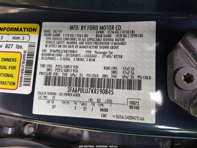 3FA6P0LU7KR190845 Ford Fusion Hybrid Se