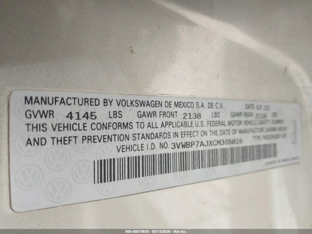 Aukcja sprzedaży 2012 Volkswagen Jetta 2.5l Se, vin: 3VWBP7AJXCM305816, numer aukcji: 45078928