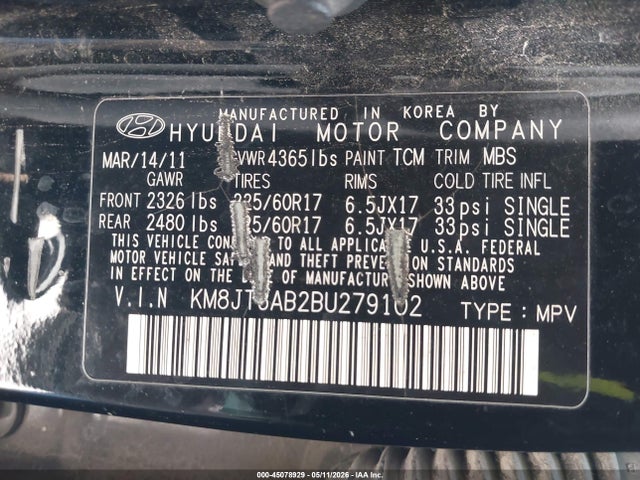 Aukcja sprzedaży 2011 Hyundai Tucson Gl, vin: KM8JT3AB2BU279102, numer aukcji: 45078929