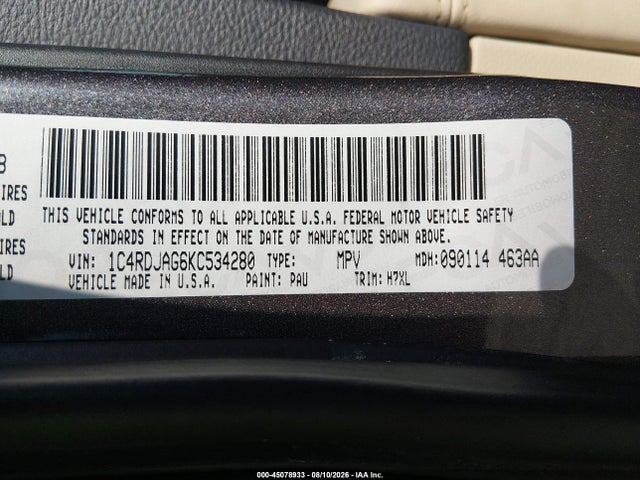 Продажа на аукционе авто 2019 Dodge Durango Sxt Awd, vin: 1C4RDJAG6KC534280, номер лота: 45078933
