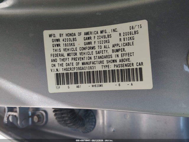 Продаж на аукціоні авто 2016 Honda Accord Lx, vin: 1HGCR2F39GA010631, номер лоту: 45078941
