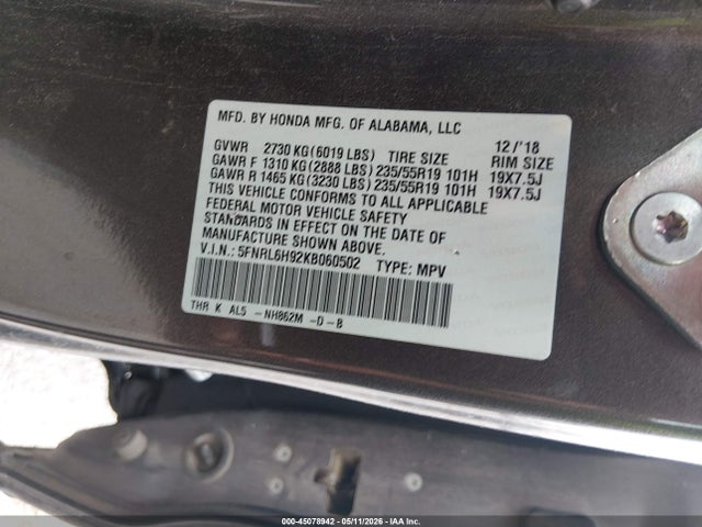 2019 Honda Odyssey Elite მანქანა იყიდება აუქციონზე, vin: 5FNRL6H92KB060502, აუქციონის ნომერი: 45078942
