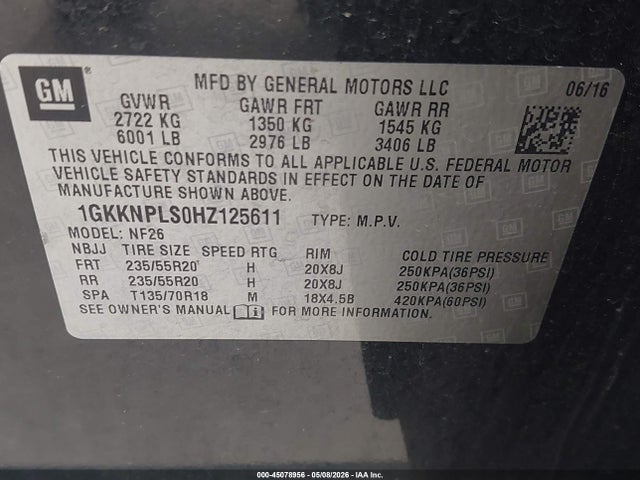 45078956 :رقم المزاد ، 1GKKNPLS0HZ125611 vin ، 2017 Gmc Acadia Denali مزاد بيع