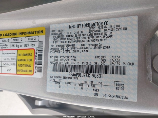 2019 Ford Fusion Hybrid Se მანქანა იყიდება აუქციონზე, vin: 3FA6P0LU7KR190831, აუქციონის ნომერი: 45078957