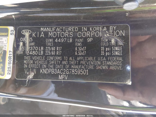 2016 Kia Sportage Lx მანქანა იყიდება აუქციონზე, vin: KNDPB3AC2G7859501, აუქციონის ნომერი: 45078962