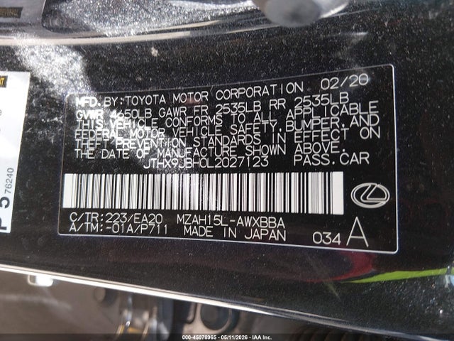 Aukcja sprzedaży 2020 Lexus Ux 250h, vin: JTHX9JBH0L2027123, numer aukcji: 45078965