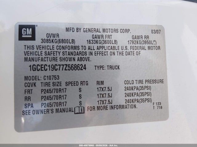 45078968 :رقم المزاد ، 1GCEC19C77Z568624 vin ، 2007 Chevrolet Silverado 1500 Lt1 مزاد بيع