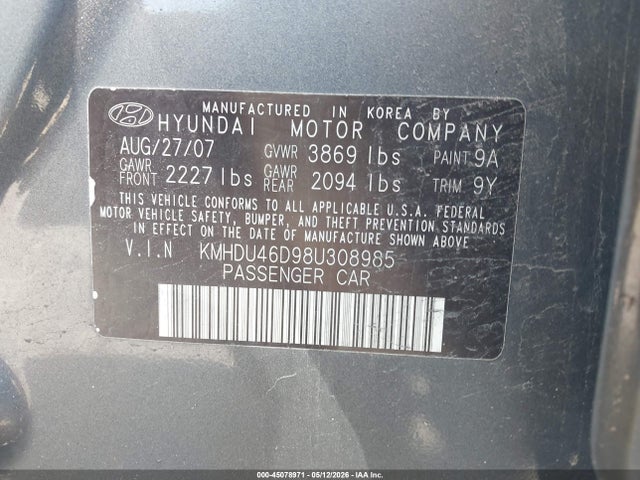 Aukcja sprzedaży 2008 Hyundai Elantra Gls/se, vin: KMHDU46D98U308985, numer aukcji: 45078971