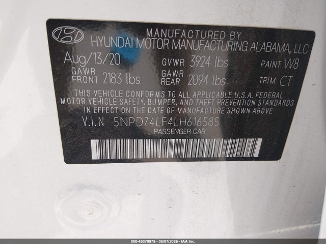 5NPD74LF4LH616585 Hyundai ELANTRA SE