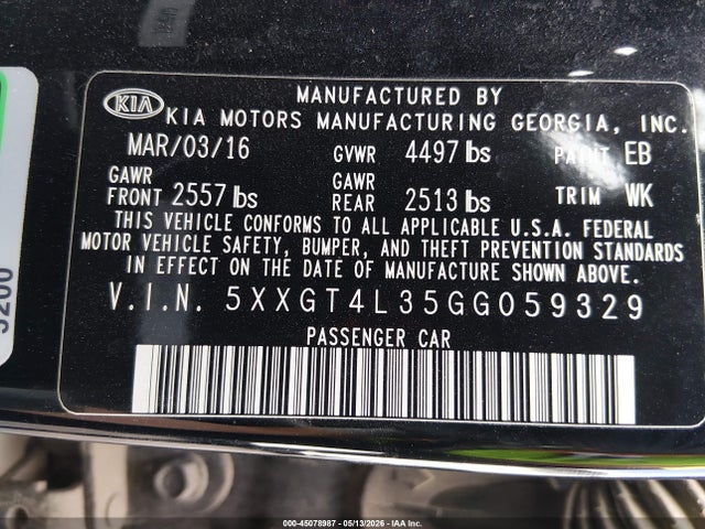 45078987 :رقم المزاد ، 5XXGT4L35GG059329 vin ، 2016 Kia Optima Lx مزاد بيع