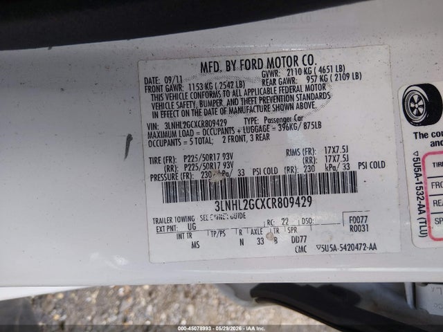 Aukcja sprzedaży 2012 Lincoln Mkz, vin: 3LNHL2GCXCR809429, numer aukcji: 45078993