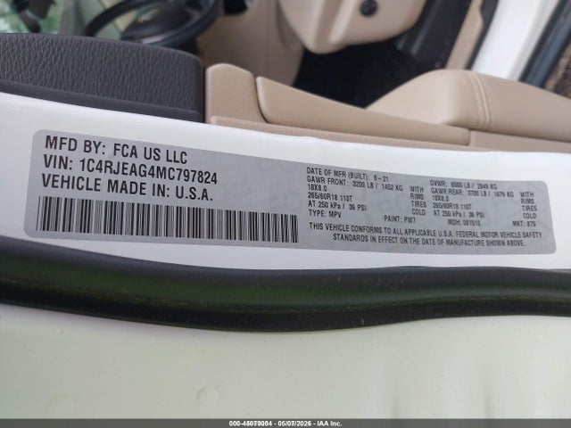 Продаж на аукціоні авто 2021 Jeep Grand Cherokee Laredo E 4x2, vin: 1C4RJEAG4MC797824, номер лоту: 45079004