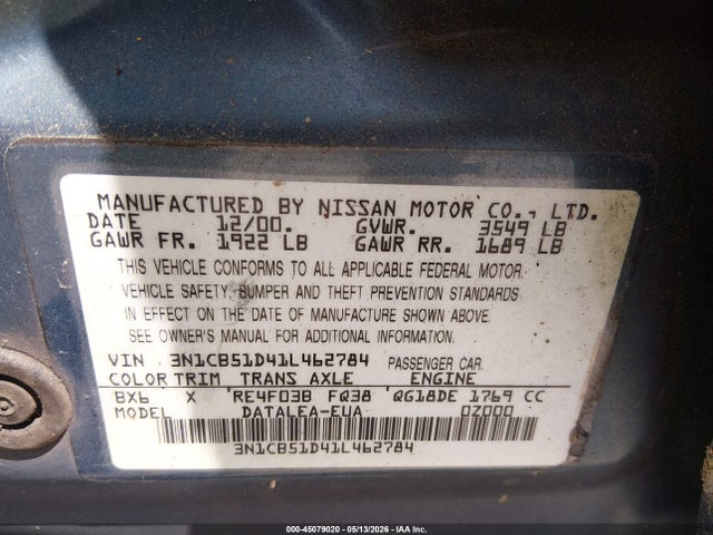 Продаж на аукціоні авто 2001 Nissan Sentra Gxe, vin: 3N1CB51D41L462784, номер лоту: 45079020