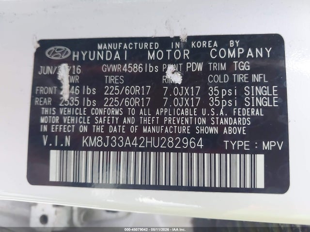 Aukcja sprzedaży 2017 Hyundai Tucson Se, vin: KM8J33A42HU282964, numer aukcji: 45079042
